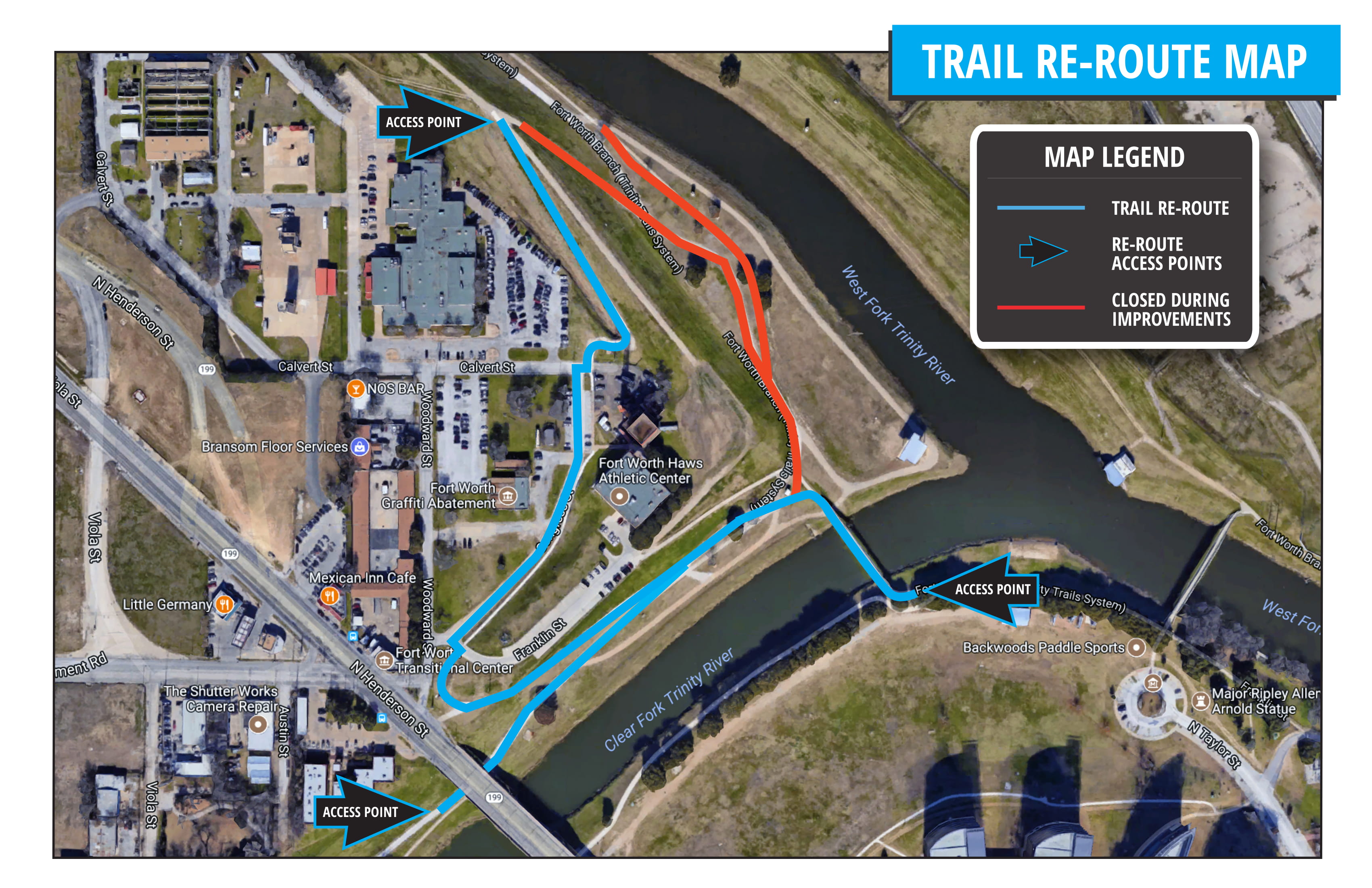 Trail improvements create detour on the north shore of Panther Island Pavilion.